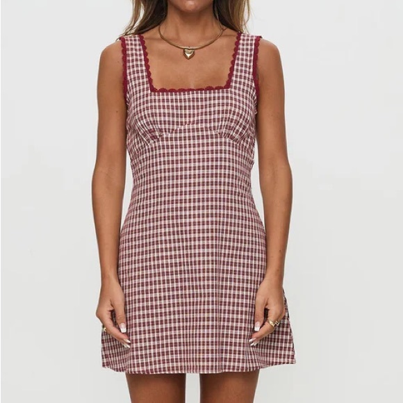 Princess Polly 🍅 Dasha Square Neck Mini Dress in Burgundy Red Check - NWT - Picture 2 of 10
